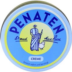 Eine blaue Dose Penaten-Creme mit einer Abbildung eines Mannes und eines Schafes.