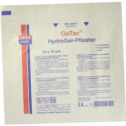 Verpackung eines 10x10 cm selbstklebenden, transparenten Hydrogel-Pflasters.