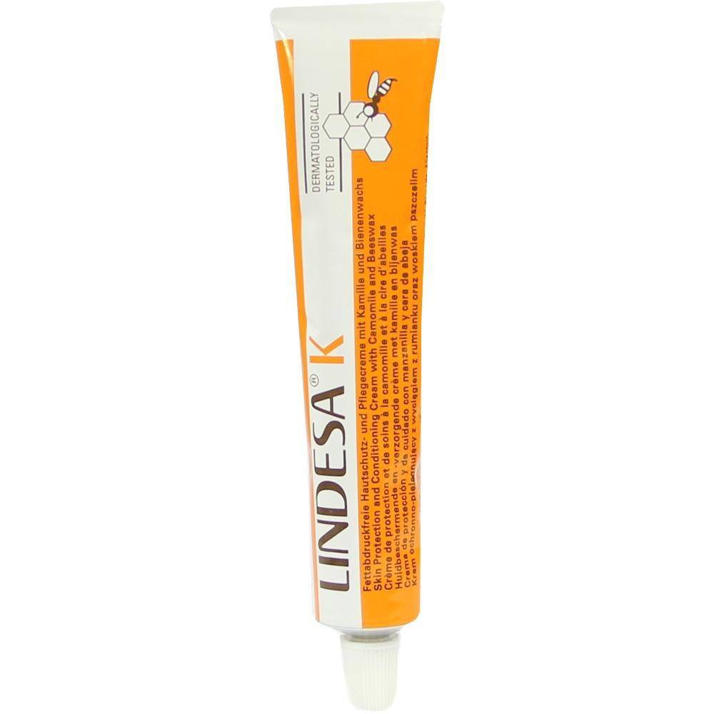 Eine Tubesalbe mit orangefarbenem Etikett und der Aufschrift "LINDESA K".