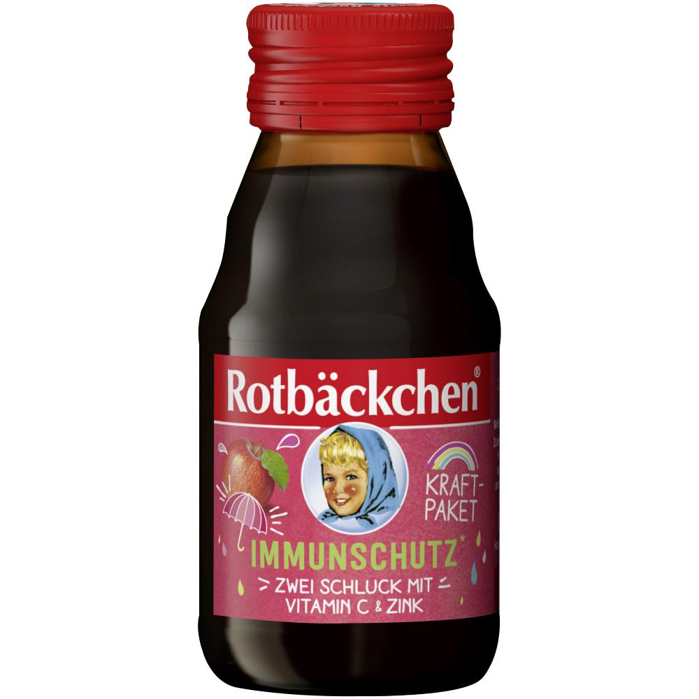 Flasche mit rotem Etikett und der Aufschrift "Rotbäckchen Immunschutz".
